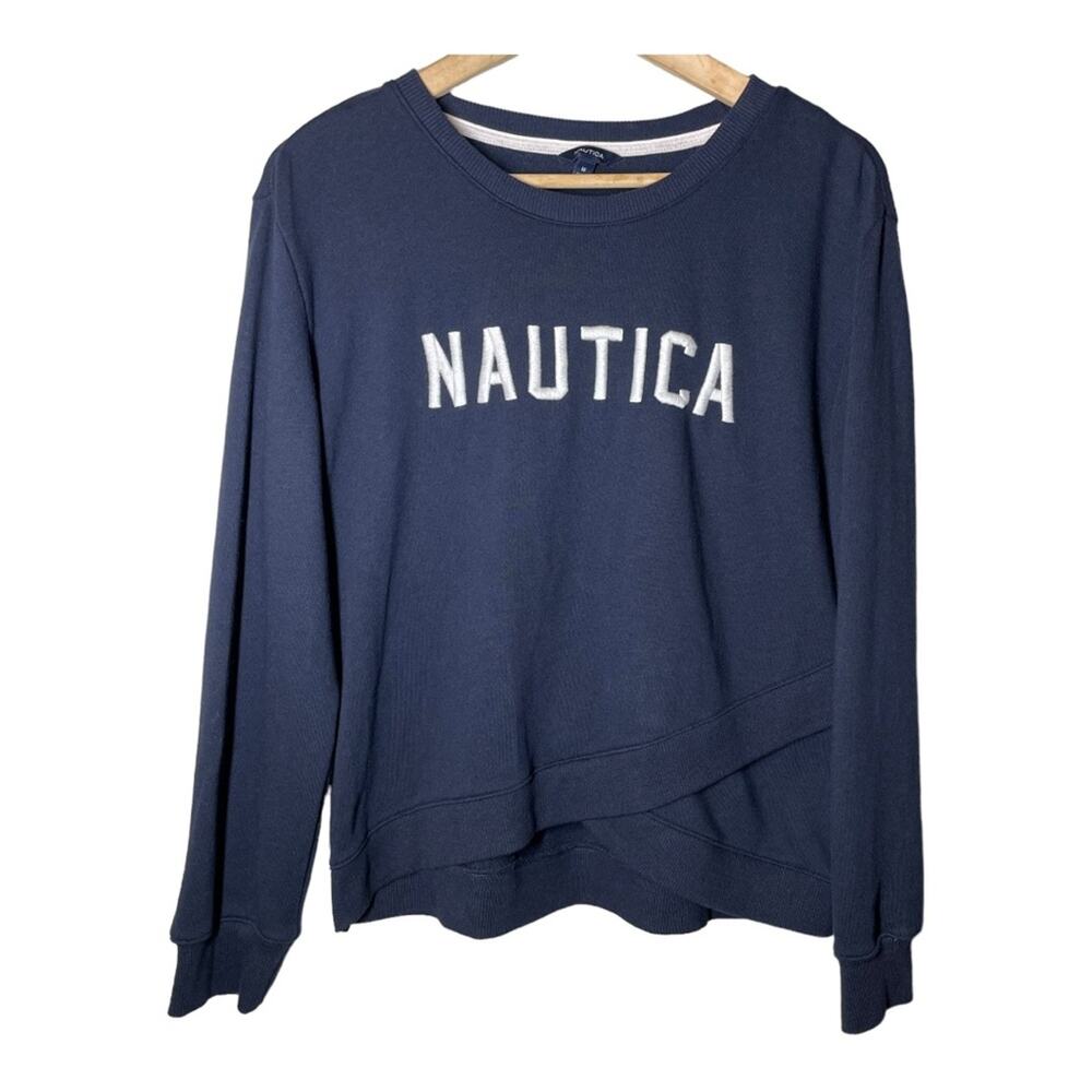 Nautica Spell Out Cross Over Hem Navy Blue Sweatshirt Medium